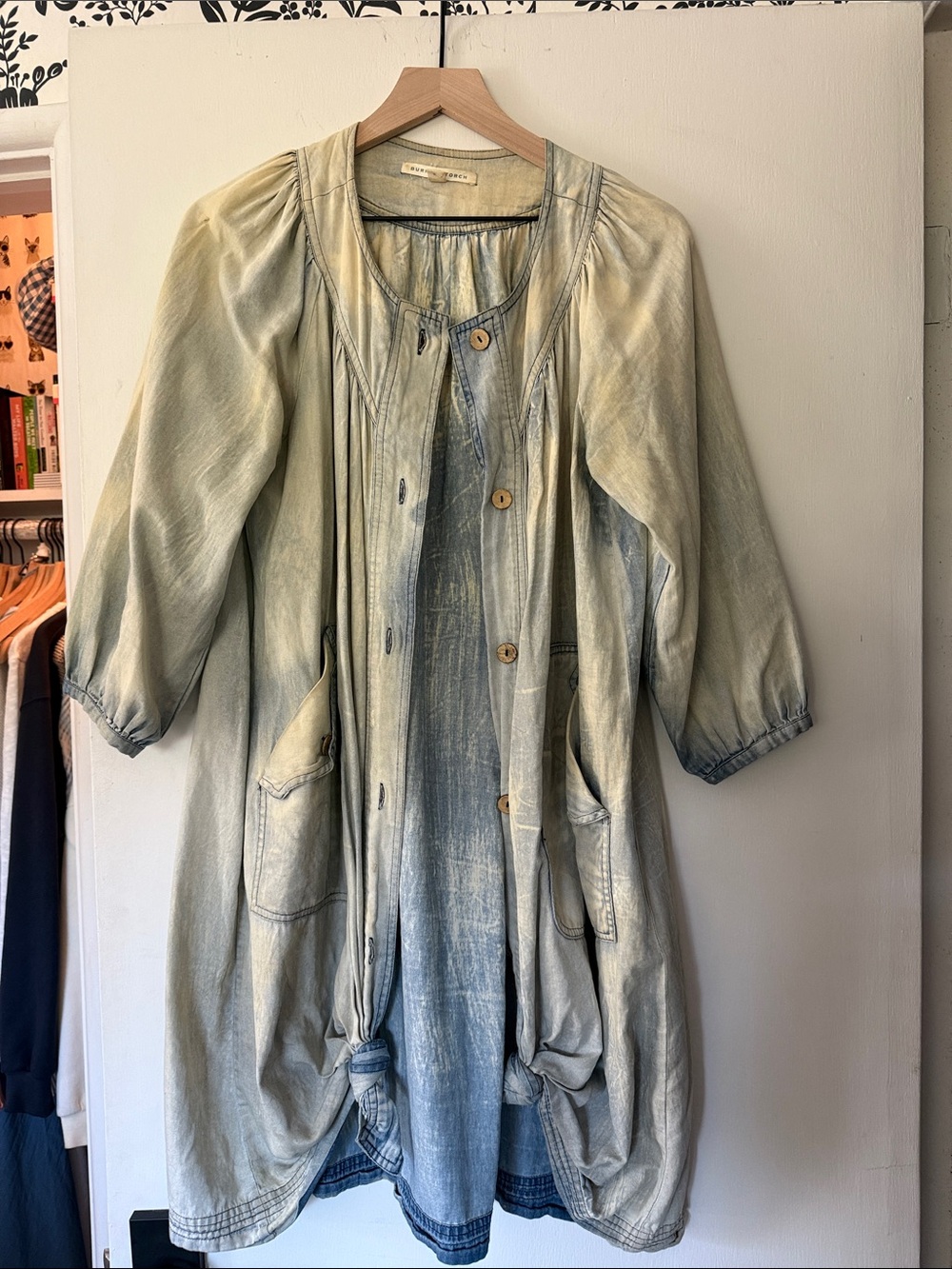 Burning Torch Washed Denim-Effect Light Blue Trench Coat